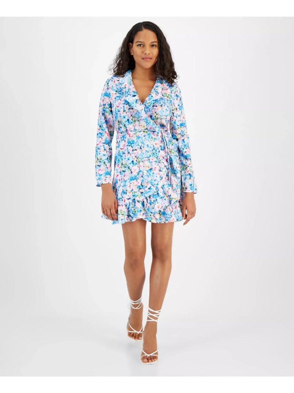 Bar III Petite Floral-Print Ruffled Tie-Waist Wrap Dress Blue Size PM MSRP $60